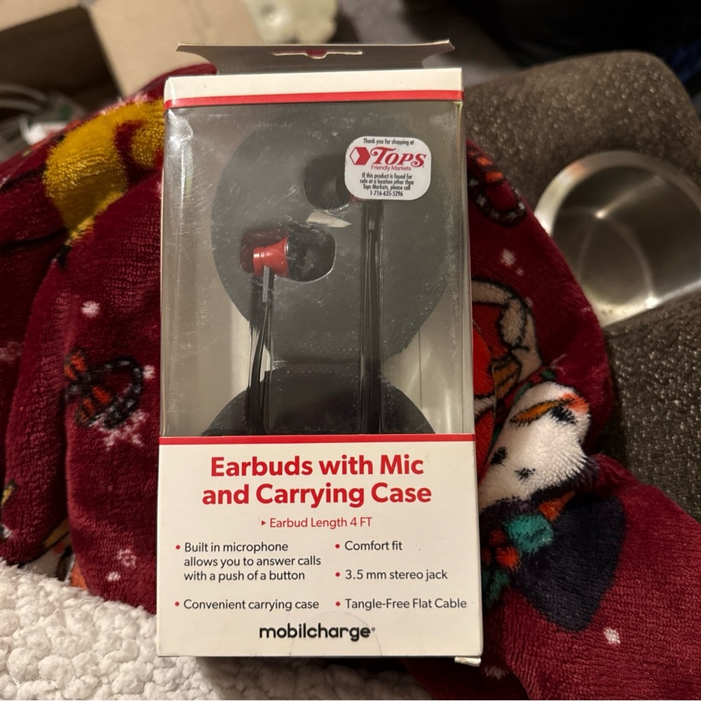 Red and Black Earbuds with Mic and Carrying Case